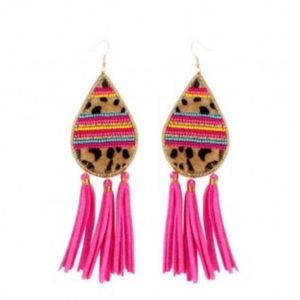 Viv & Lou Earrings Hot Pink Leopard Tear Drop Tassel Earrings Brand New